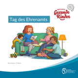 Tag des Ehrenamtes, darunter Illustration, die junge Familie mit Patin zeigt