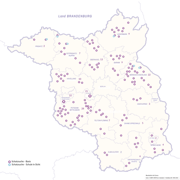 Landkarte Brandenburg mit Schatzsuche-Einrichtungen