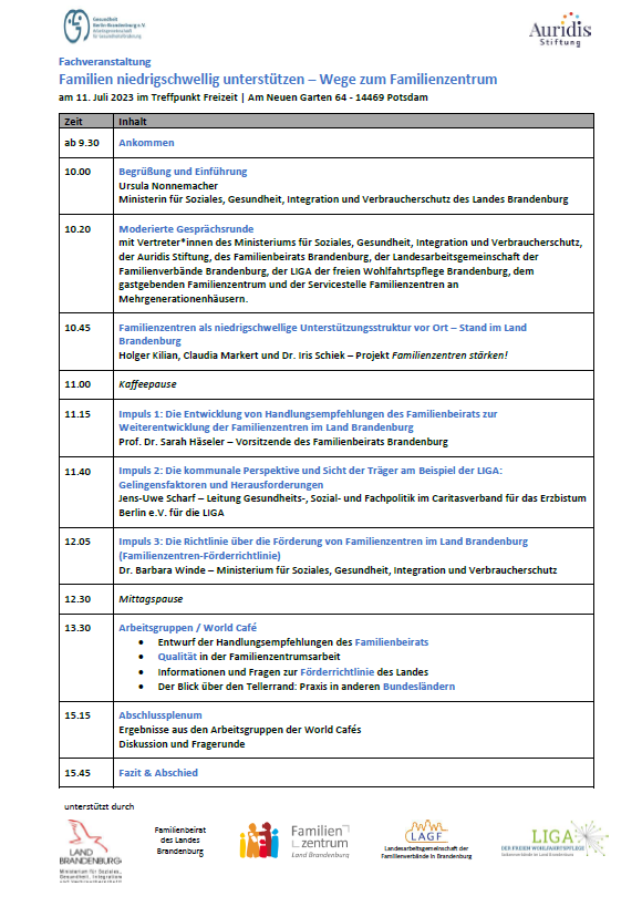 Programm der Fachveranstaltung Familien niedrigschwellig unterstützen – Wege zum Familienzentrum